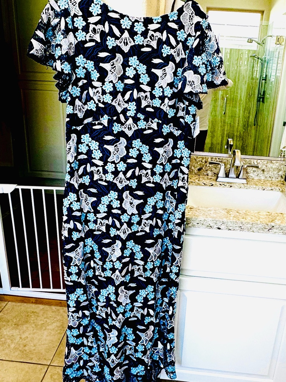 Shoshanna Light Blue, Navy & white Mermaid Guipure Lace  Gown